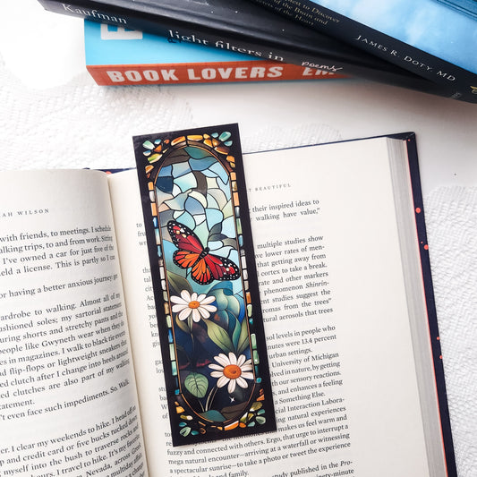 Stained Glass Butterfly and Daisies Bookmark